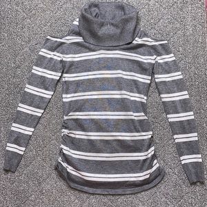 Grey and White Striped Turtle Neck Cold Shoulder Long Sleeve Top